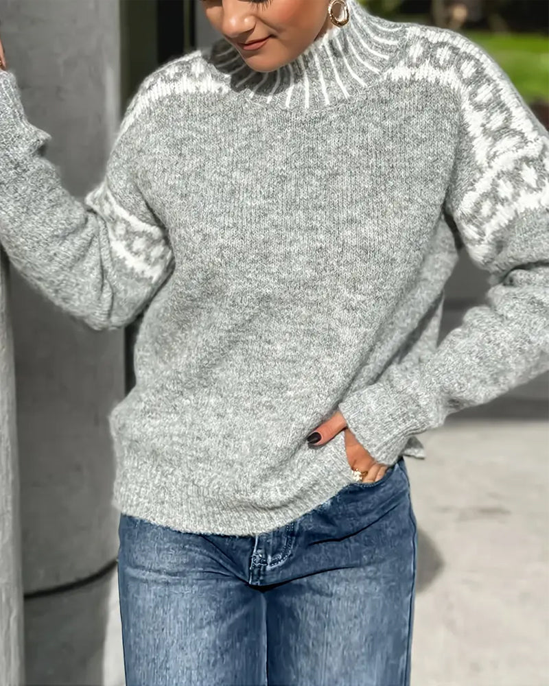 Women’s high neck Nordic sweater by Christine Brewer, featuring cozy knit fabric and classic Nordic pattern in natural colors.