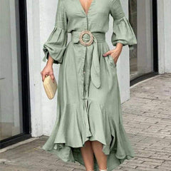 White high-low puff sleeve pleated maxi dress with lapel collar by Christine Brewer, flowing and elegant for formal occasions.