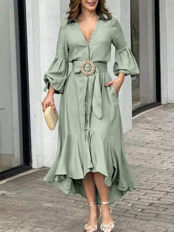 White high-low puff sleeve pleated maxi dress with lapel collar by Christine Brewer, flowing and elegant for formal occasions.