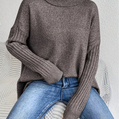 Christine Brewer Bridget high neck women's sweater, cozy knit in neutral color, featuring a fitted high neckline and long sleeves.