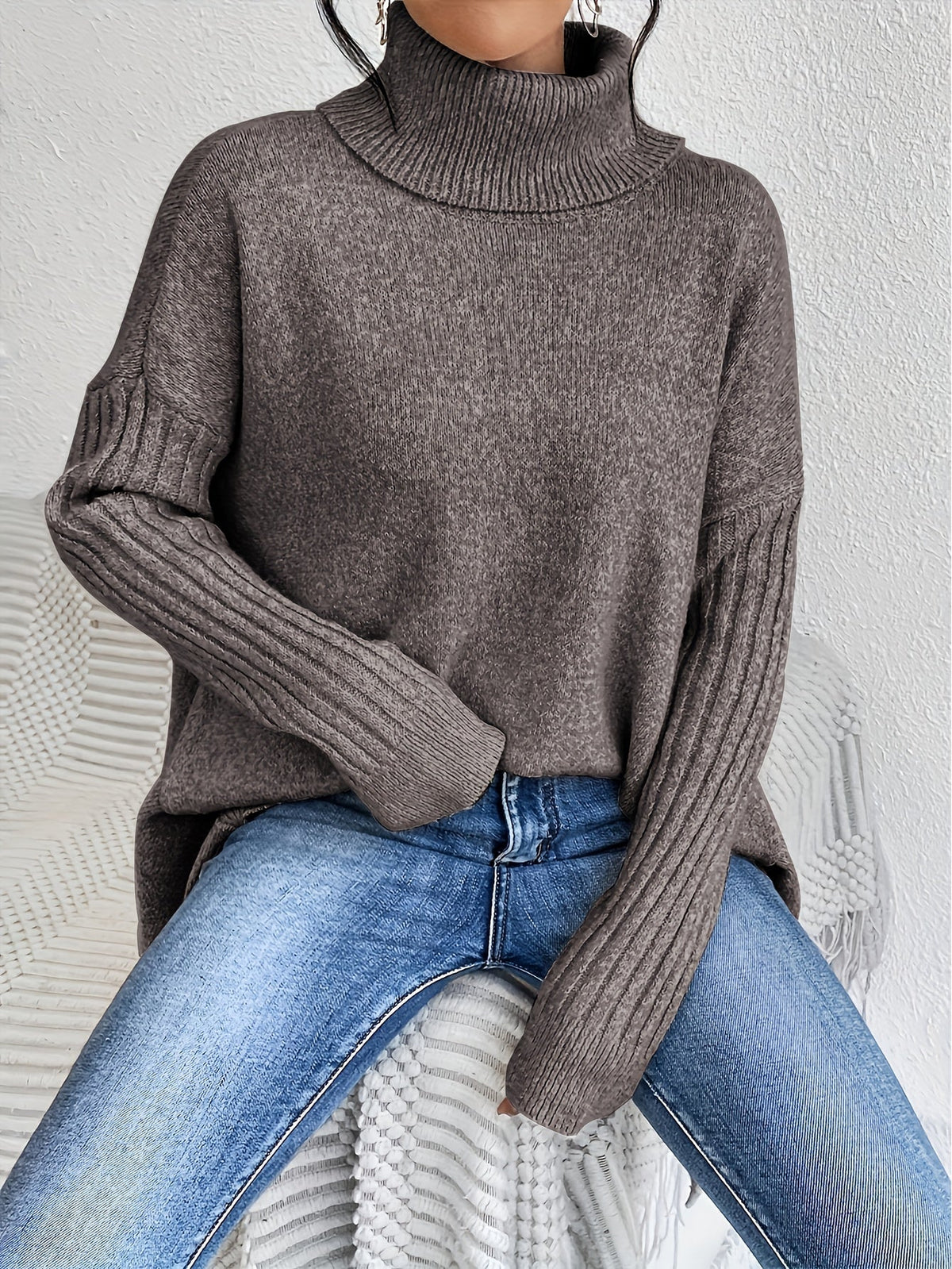 Christine Brewer Bridget high neck women's sweater, cozy knit in neutral color, featuring a fitted high neckline and long sleeves.
