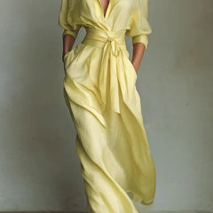 Christine Brewer solid color lapel long sleeve casual maxi dress with pockets and waist-cinching design
