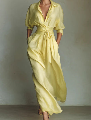 Christine Brewer solid color lapel long sleeve casual maxi dress with pockets and waist-cinching design
