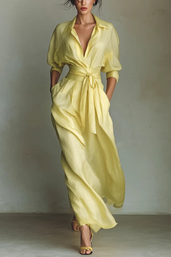 Christine Brewer solid color lapel long sleeve casual maxi dress with pockets and waist-cinching design