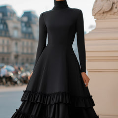 Black Christine Brewer high-neck A-line tiered ruffle midi dress, elegant tie dress with layered ruffle details.