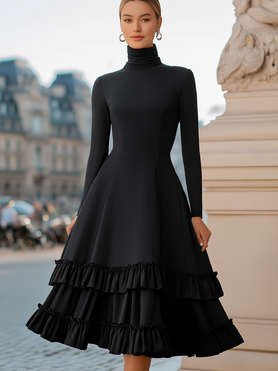 Black Christine Brewer high-neck A-line tiered ruffle midi dress, elegant tie dress with layered ruffle details.