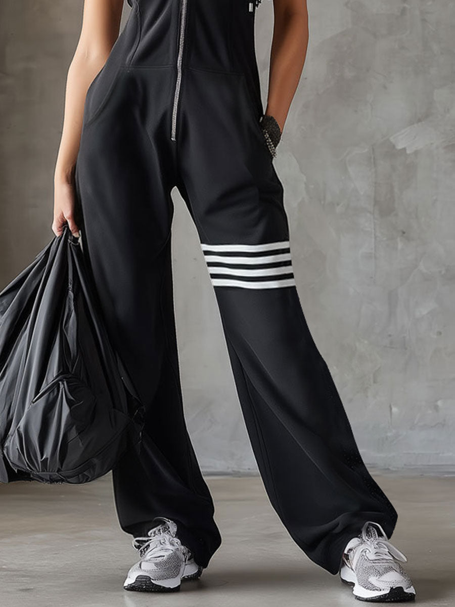 Black striped sleeveless hooded jumpsuit for women by Christine Brewer, featuring a stylish and comfortable pants design.