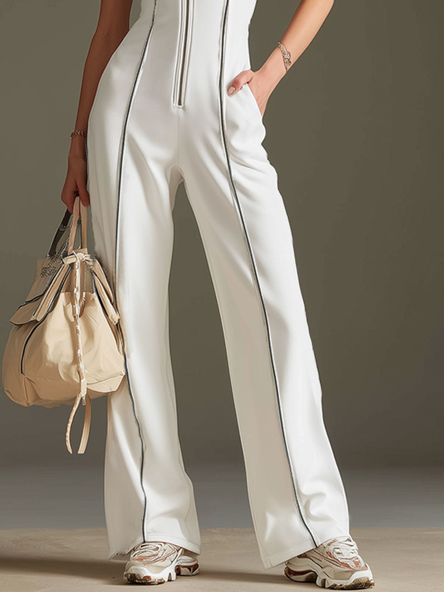 White cotton blend short sleeve wide-leg jumpsuit for women by Christine Brewer, featuring a comfortable, stylish design.