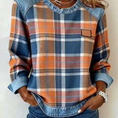 Genevieve patchwork sweatshirt for women by Christine Brewer, casual hoodie with colorful patchwork design, cozy and stylish.