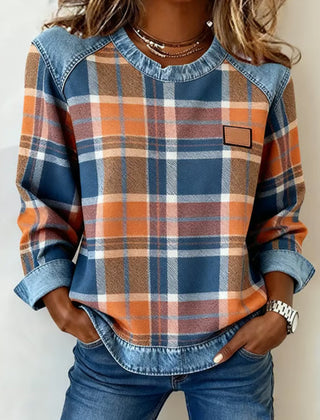 Genevieve patchwork sweatshirt for women by Christine Brewer, casual hoodie with colorful patchwork design, cozy and stylish.