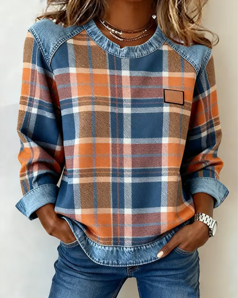 Genevieve patchwork sweatshirt for women by Christine Brewer, casual hoodie with colorful patchwork design, cozy and stylish.