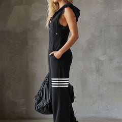 Black striped sleeveless hooded jumpsuit for women by Christine Brewer, featuring a relaxed fit and stylish design.