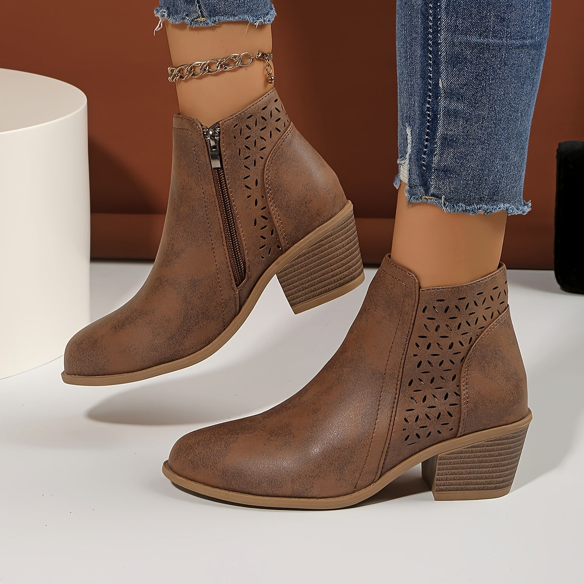 Talen | Ankle Boots Booties Women Winter Fall Laser Cut Cutout Breathable Wide Heel Heeled