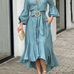 White high-low puff sleeve maxi dress with pleats and lapel collar by Christine Brewer, elegant and stylish for special occasions.