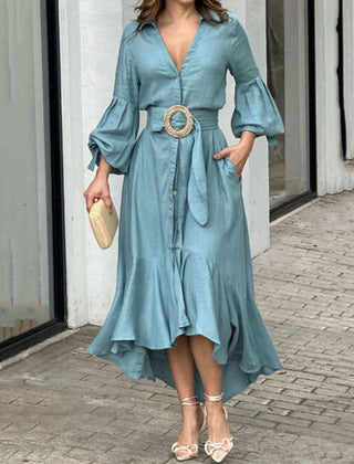 White high-low puff sleeve maxi dress with pleats and lapel collar by Christine Brewer, elegant and stylish for special occasions.