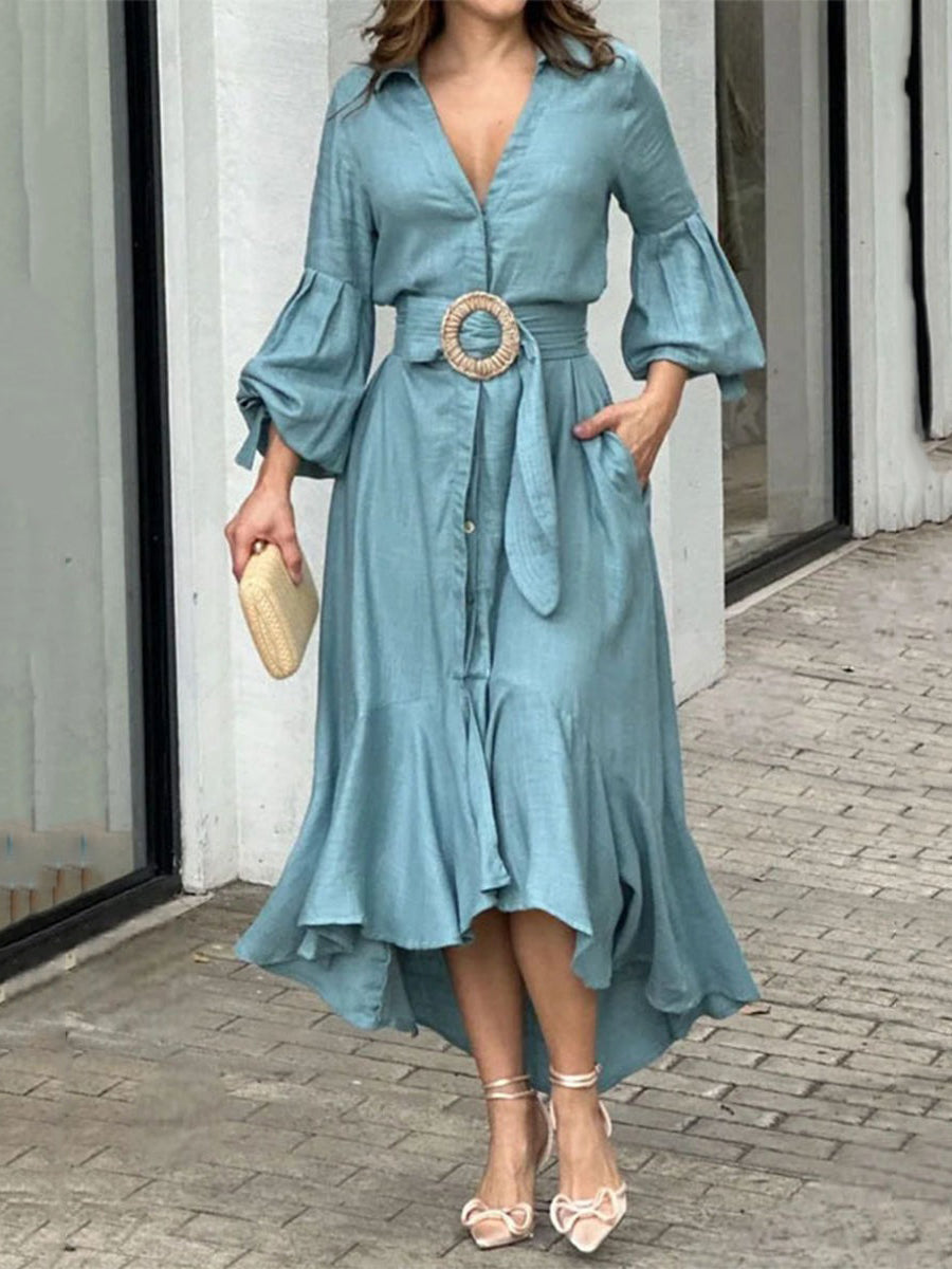White high-low puff sleeve maxi dress with pleats and lapel collar by Christine Brewer, elegant and stylish for special occasions.