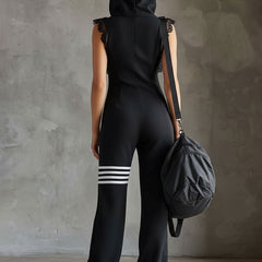 Black striped sleeveless hooded jumpsuit for women by Christine Brewer, featuring a relaxed fit and stylish design.