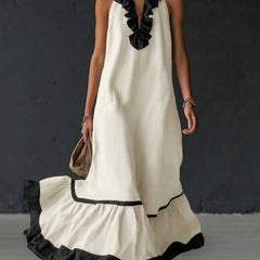 Christine Brewer A-line maxi dress with contrast colors, pleated ruffle trim, split joint, and V-neck, designed for a loose, elegant fit.