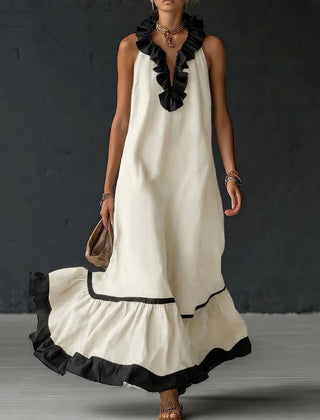 Christine Brewer A-line maxi dress with contrast colors, pleated ruffle trim, split joint, and V-neck, designed for a loose, elegant fit.