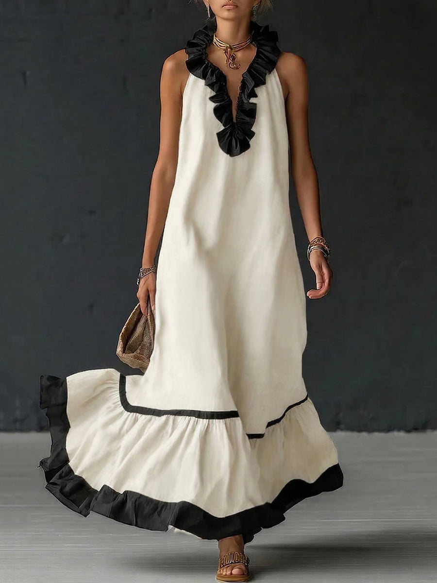 Christine Brewer A-line maxi dress with contrast colors, pleated ruffle trim, split joint, and V-neck, designed for a loose, elegant fit.
