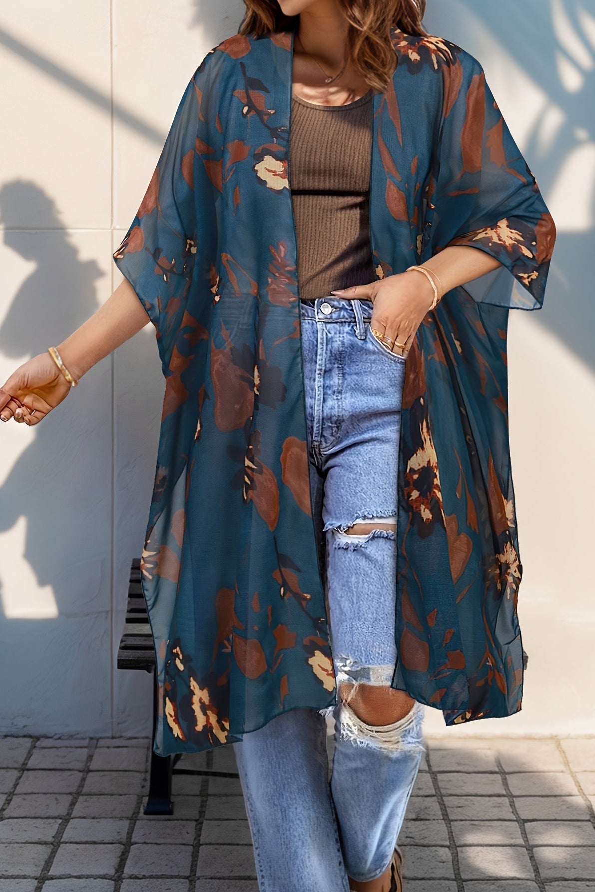 Plus size Christine Brewer kimono cardigan with open front, side slits, semi-sheer fabric, layered over tops.