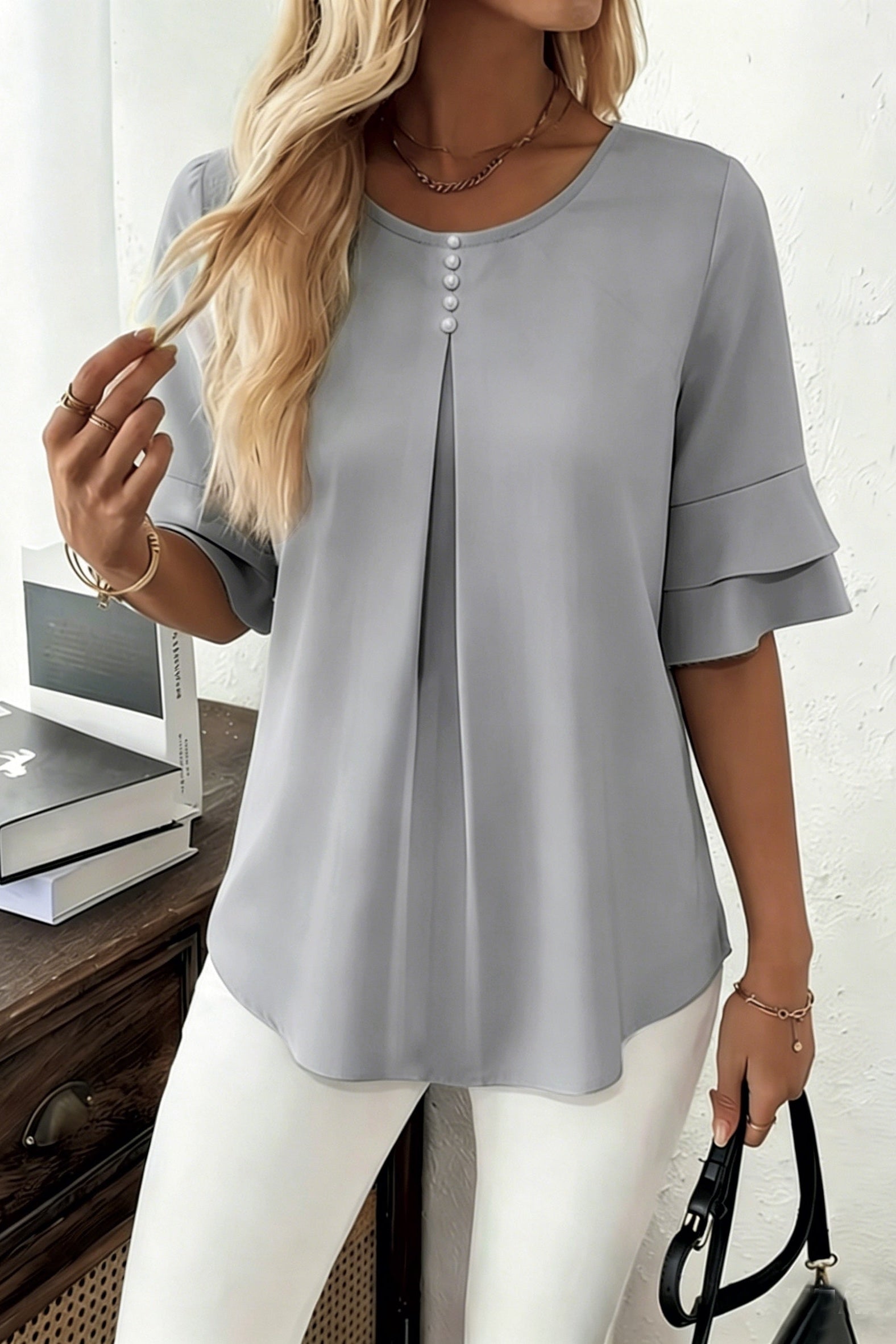 Sophia button-front top for women by Christine Brewer, featuring a stylish design and classic button details.