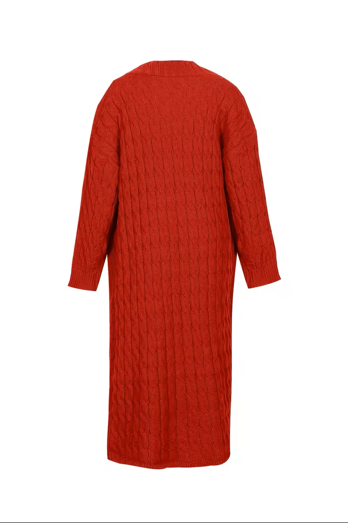 Christine Brewer Sadie asymmetric knit cardigan for women, stylish coat with a unique uneven hem and cozy knit texture.