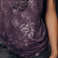 Purple boho tie-dye strappy cami top for women, short sleeve T-shirt by Christine Brewer, with a vibrant, relaxed fit design.