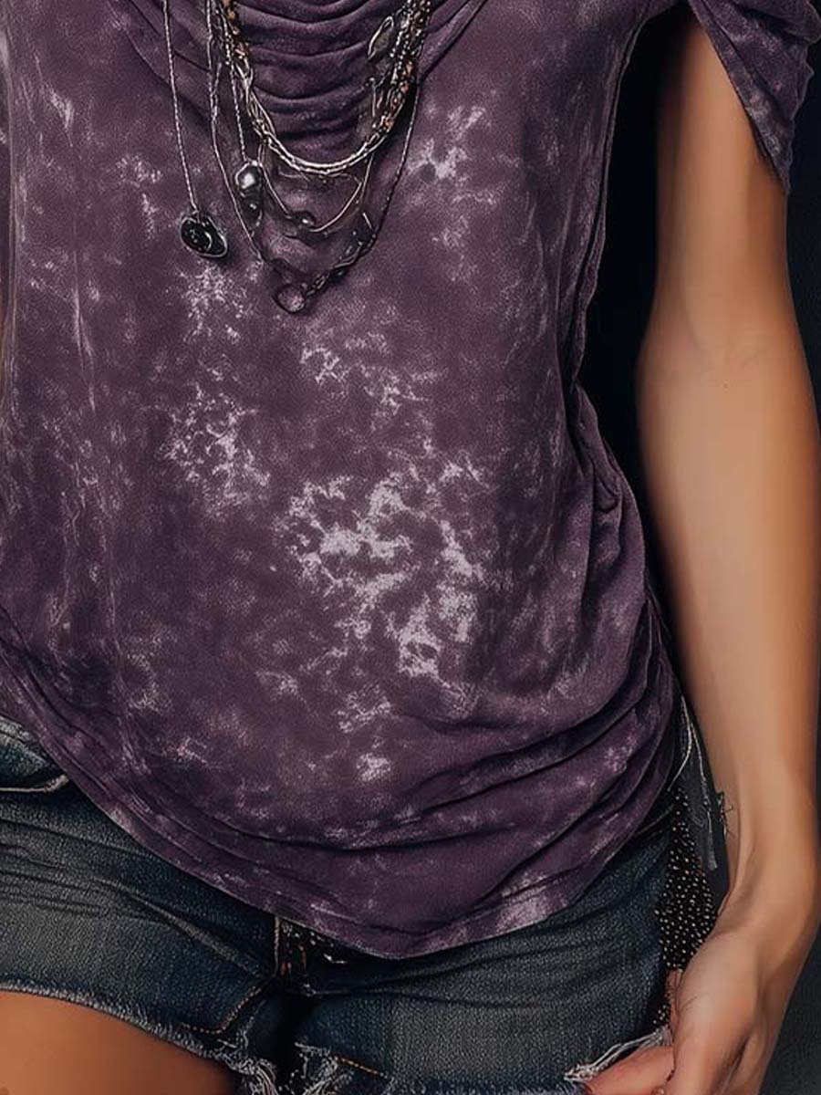 Purple boho tie-dye strappy cami top for women, short sleeve T-shirt by Christine Brewer, with a vibrant, relaxed fit design.