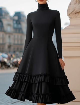 Black high-neck A-line tiered ruffle midi dress by Christine Brewer, featuring elegant layered design and feminine ruffle details.