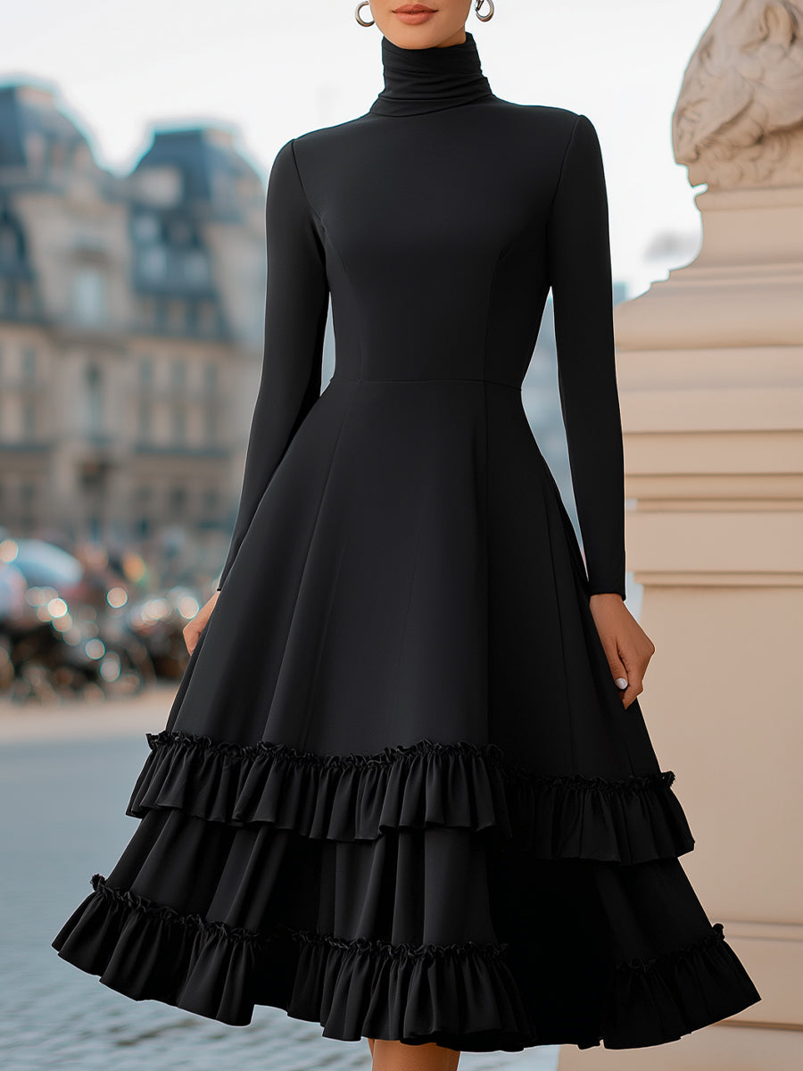 Black high-neck A-line tiered ruffle midi dress by Christine Brewer, featuring elegant layered design and feminine ruffle details.