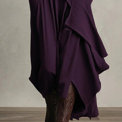 Solid color high-neck long-sleeved casual maxi dress by Christine Brewer, featuring an irregular hem and relaxed fit.