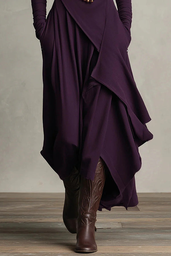 Solid color high-neck long-sleeved casual maxi dress by Christine Brewer, featuring an irregular hem and relaxed fit.