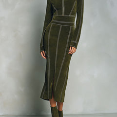 Olive green high-neck zip-up bodycon midi dress by Christine Brewer, close-up view showing fitted silhouette and soft fabric.