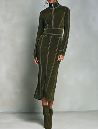 Olive green high-neck zip-up bodycon midi dress by Christine Brewer, close-up view showing fitted silhouette and soft fabric.
