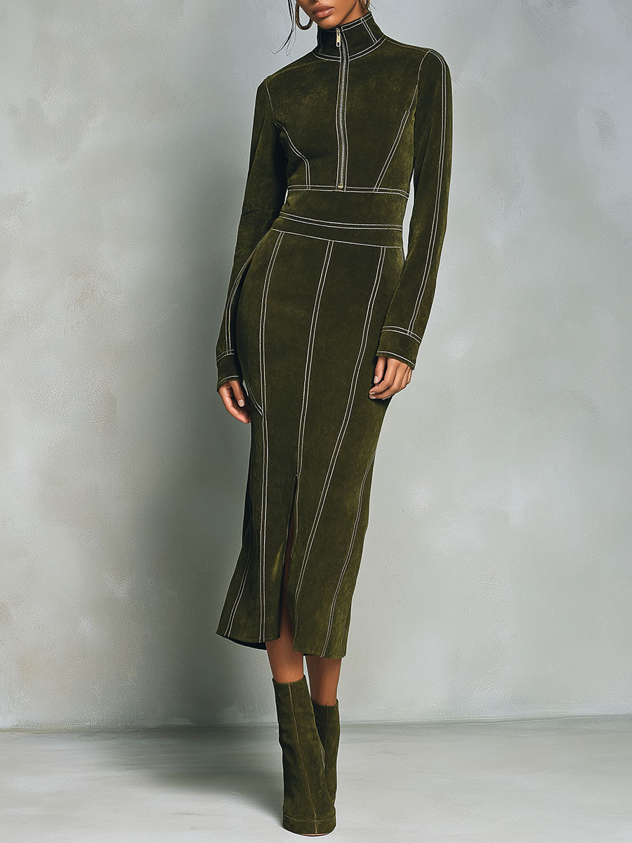 Olive green high-neck zip-up bodycon midi dress by Christine Brewer, close-up view showing fitted silhouette and soft fabric.