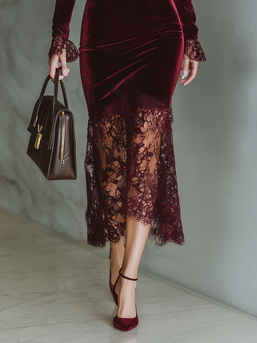 Burgundy velvet maxi dress by Christine Brewer featuring a flowing evening dress with elegant drape and long sleeves.