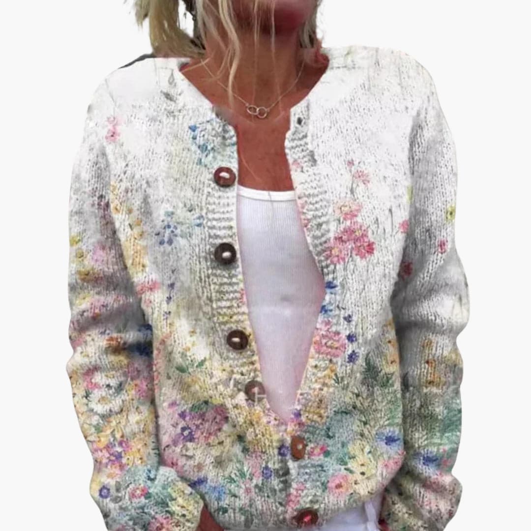 Darlene | Ribbed Floral Crew Neck Cardigan for Women