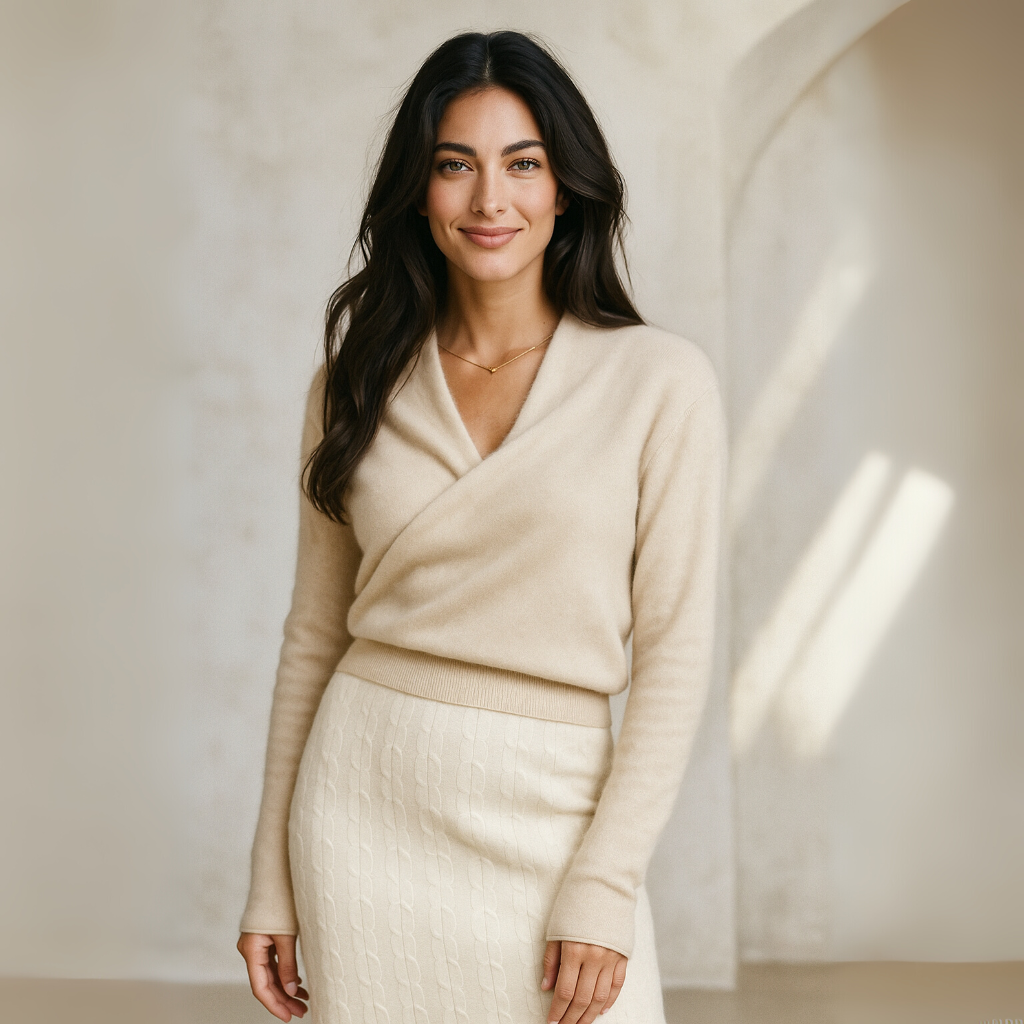Helen cashmere sweater for women by Christine Brewer, soft cream knit with long sleeves and cozy fit, perfect for casual wear.
