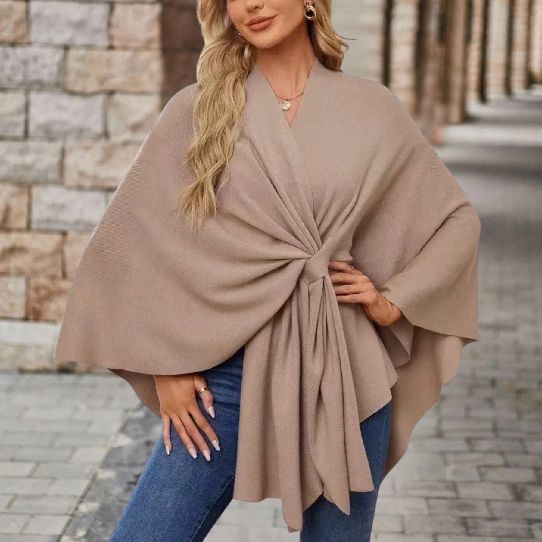 Christine Brewer Cecilia knit poncho for women, stylish and cozy top with textured knit fabric, perfect for layering.