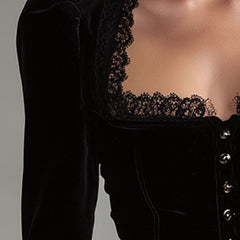 Black velvet lace long sleeve blouse for women by Christine Brewer, featuring elegant design and intricate lace details.