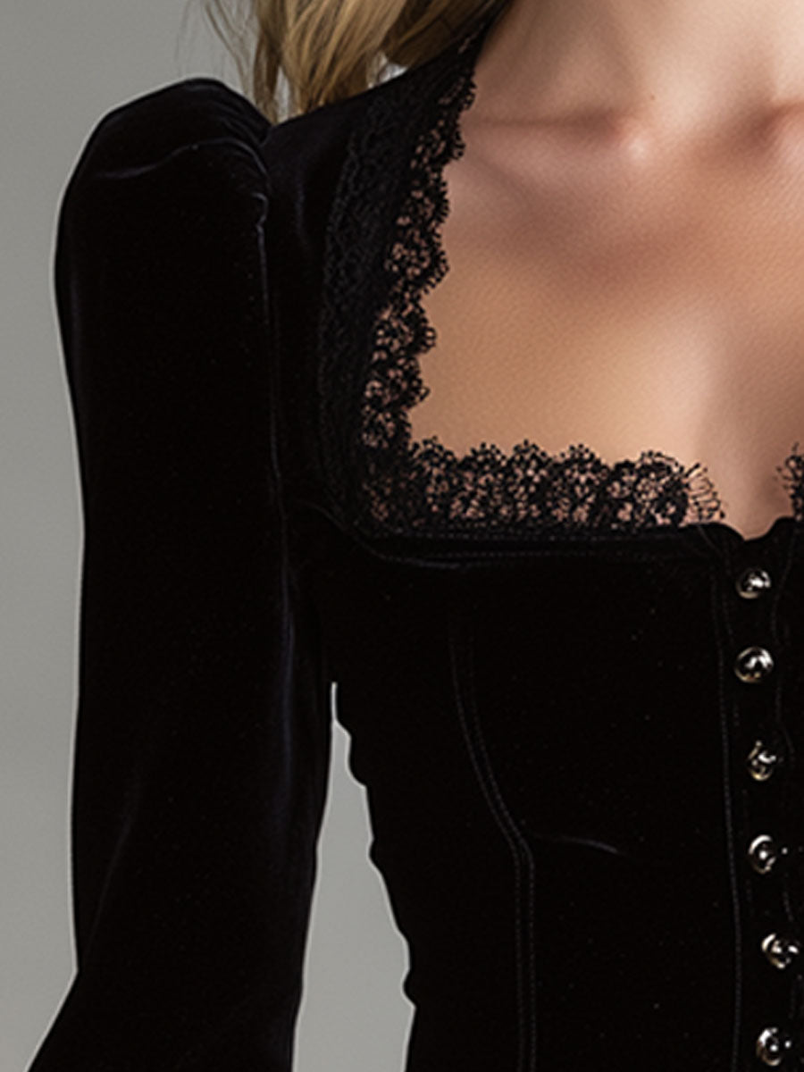 Black velvet lace long sleeve blouse for women by Christine Brewer, featuring elegant design and intricate lace details.