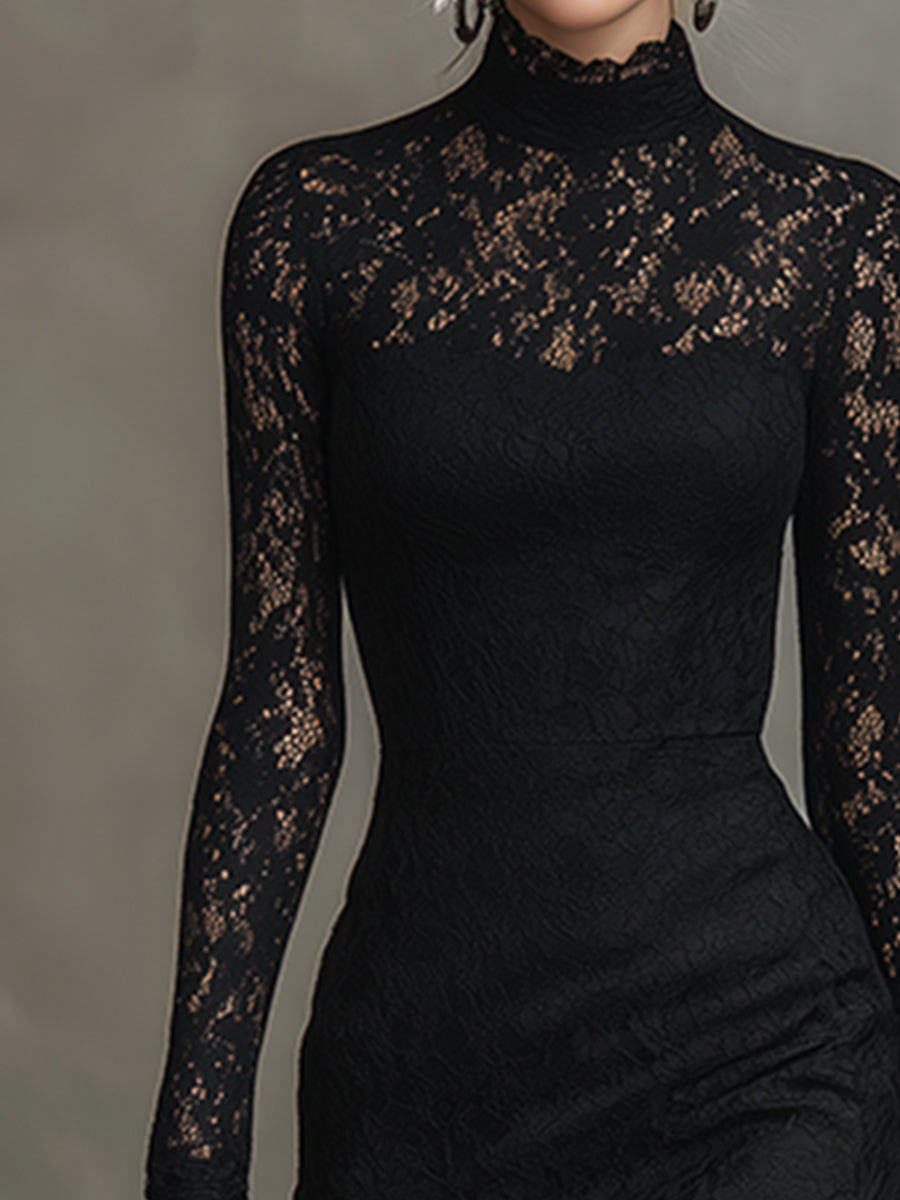 Black lace fishtail maxi dress by Christine Brewer, elegant evening dress with intricate lace details and fitted silhouette.