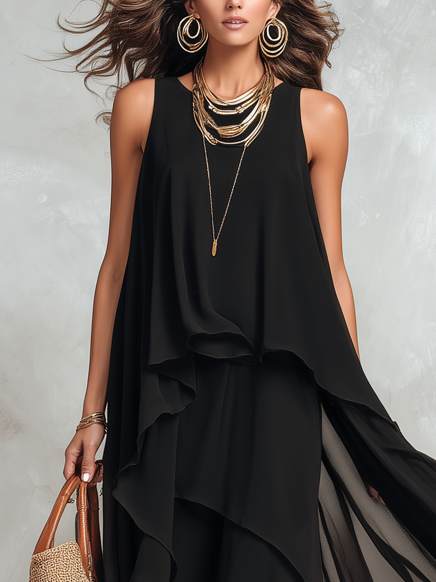 Black bohemian layered chiffon maxi dress by Christine Brewer featuring flowing fabric and tiered design for a stylish look.