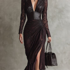 Red faux leather maxi dress by Christine Brewer, elegant evening dress featuring a flowing silhouette and stylish design.
