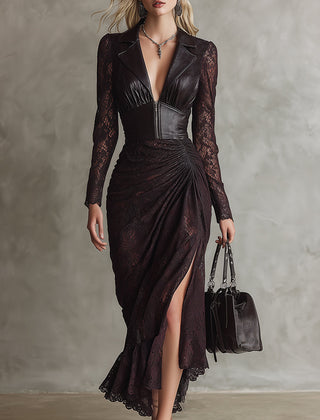 Red faux leather maxi dress by Christine Brewer, elegant evening dress featuring a flowing silhouette and stylish design.