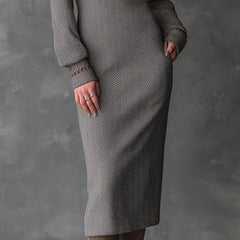 Ash taupe herringbone knit midi dress by Christine Brewer featuring bohemian style and a relaxed fit.