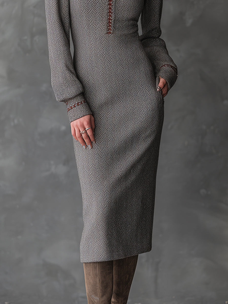 Ash taupe herringbone knit midi dress by Christine Brewer featuring bohemian style and a relaxed fit.