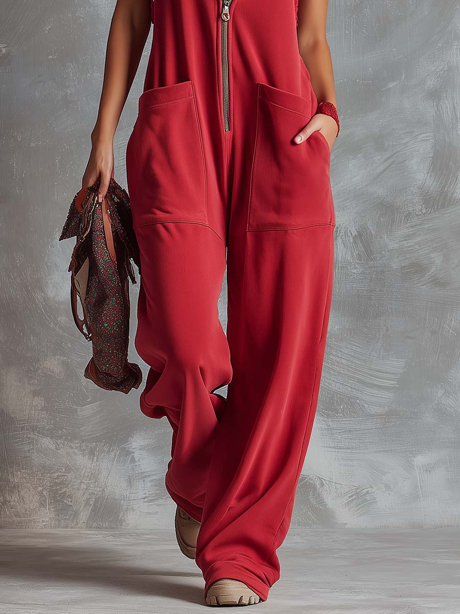 Raspberry red cotton hooded zip-front jumpsuit for women with pants style by Christine Brewer, featuring a casual and comfortable design.
