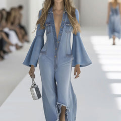 Light blue denim flared long sleeve wide-leg jumpsuit for women by Christine Brewer, shown with full-length view and stylish design.